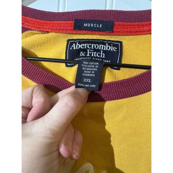VTG Y2K Abercrombie Fitch Muscle Fit Raglan Long Sleeve Shirt XXL Gold Burgundy - Picture 9 of 11